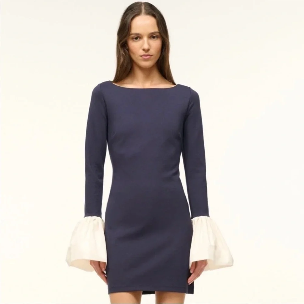 Staud Hawthorne Dress Navy Blue Taffeta - Picture 5 of 11